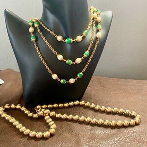 1960s Gold, White, Green Beaded long 54” Necklace & Gold Metal Beaded Necklace